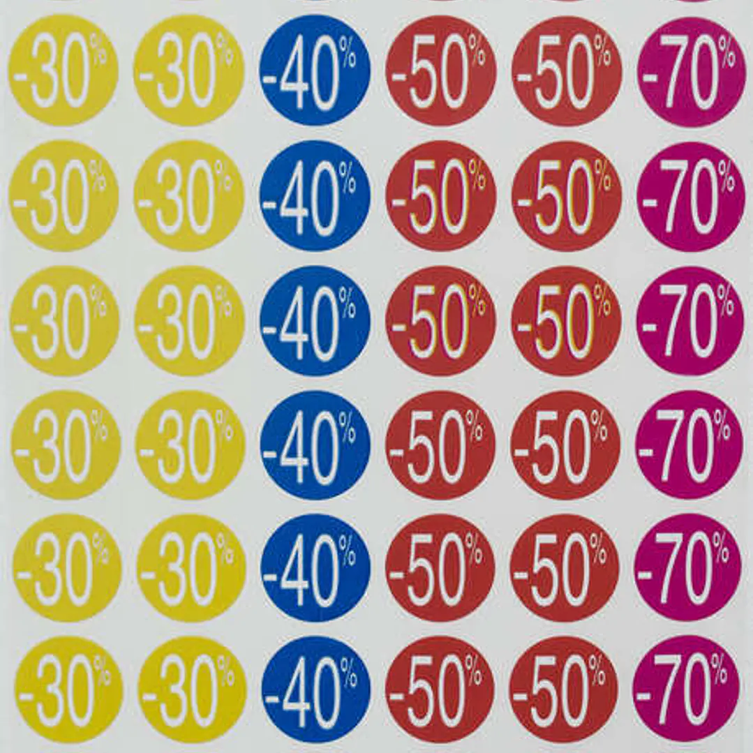Apli Pack de 240 Etiquetas de Descuento -30%, -40%, -50%, -70% - Tamaño Ø 24mm - Forma Redonda - Colores Amarillo, Azul, Rojo y Fucsia 1