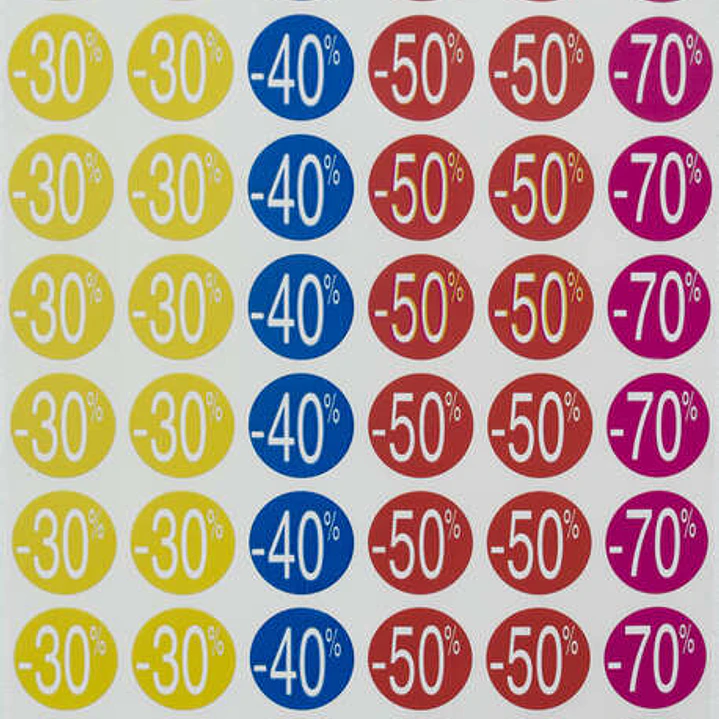 Apli Pack de 240 Etiquetas de Descuento -30%, -40%, -50%, -70% - Tamaño Ø 24mm - Forma Redonda - Colores Amarillo, Azul, Rojo y Fucsia 1