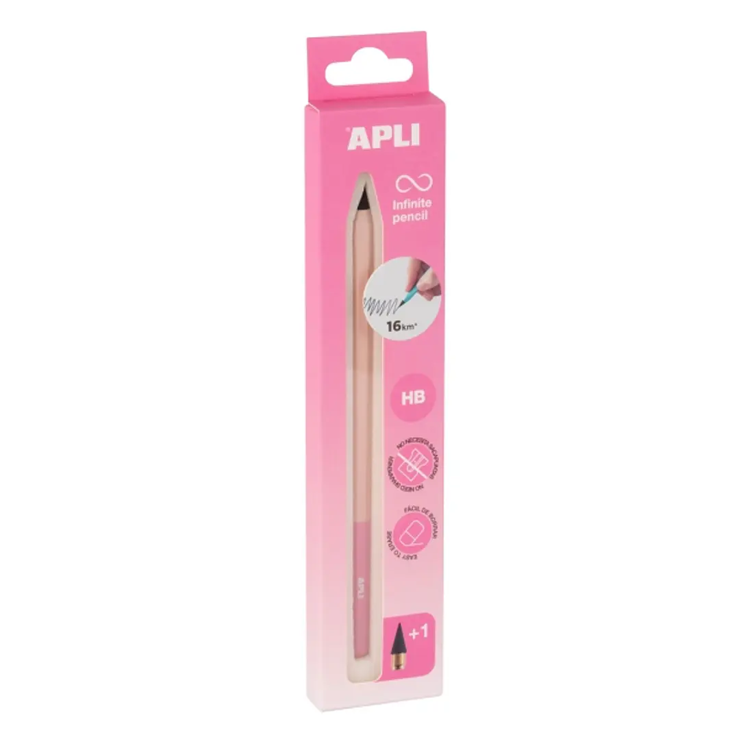 Apli Infinite Pencil Nordik Pack de Lapiz Infinito HB + Mina de Recambio + Tapon Protector - Para Escribir hasta 16km - Color Rosa 1