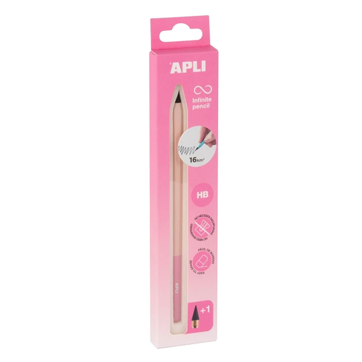 Apli Infinite Pencil Nordik Pack de Lapiz Infinito HB + Mina de Recambio + Tapon Protector - Para Escribir hasta 16km - Color Rosa 1