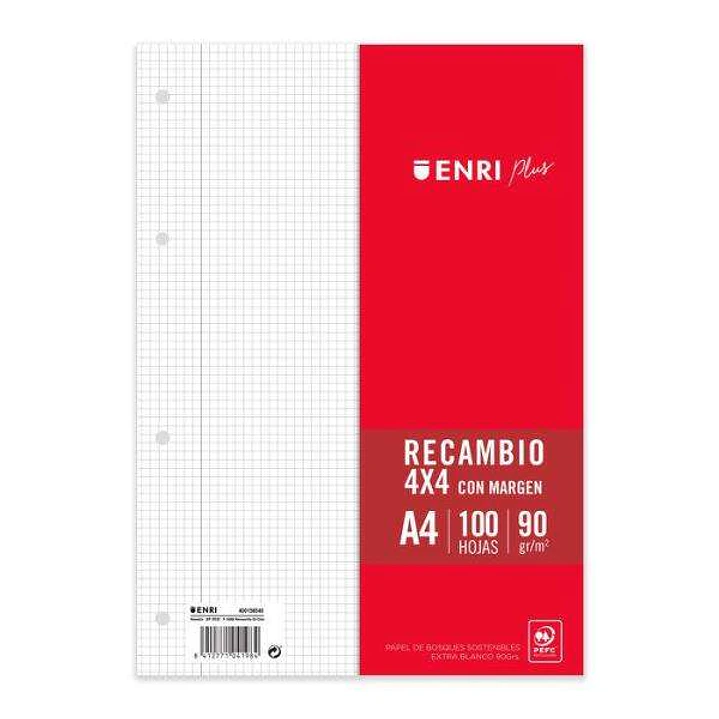 Enri Plus Recambio Formato A4 - Cuadriculado 4x4mm 4 Taladros - 100 Hojas 90gr con Margen 1