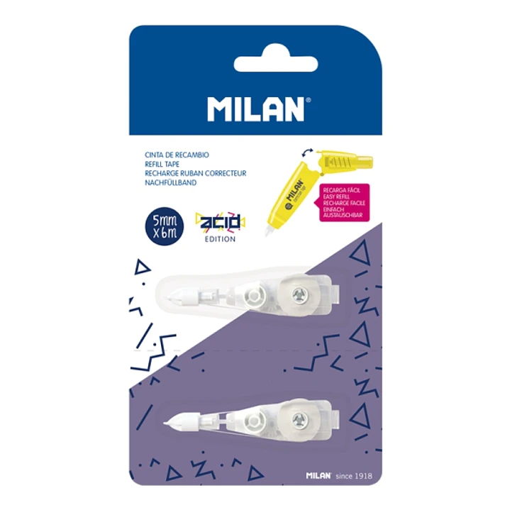 Milan Acid Pack de 2 Recambios para Cinta Correctora con Pulsador - Presentacion en Blister - 5mm x 6m - Color Blanco 1