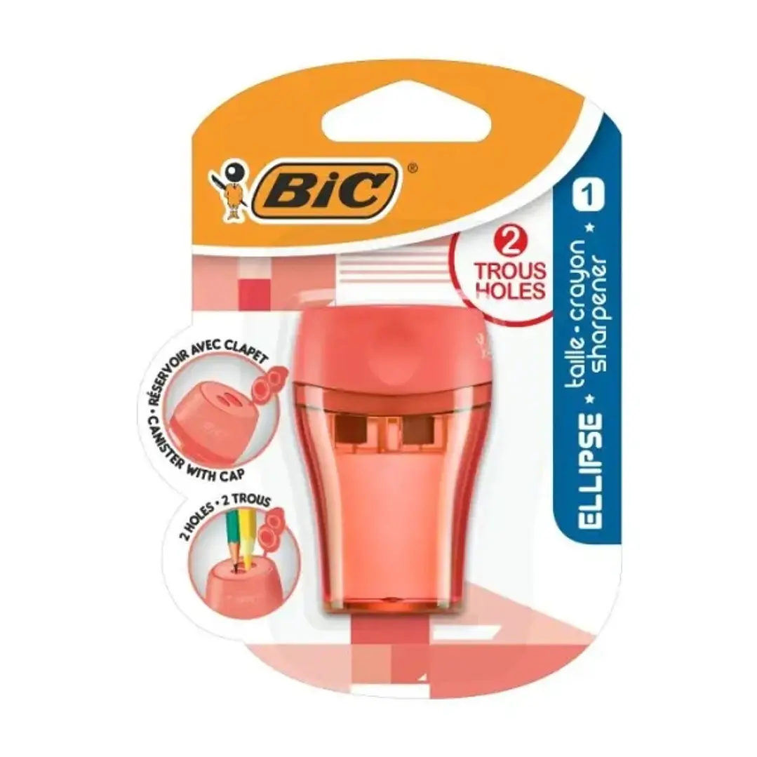 Bic Ellipse Sacapuntas de Plastico - 2 Orificios- Deposito Grande para los Restos - Color Verde, Azul o Coral Aleatorio 1