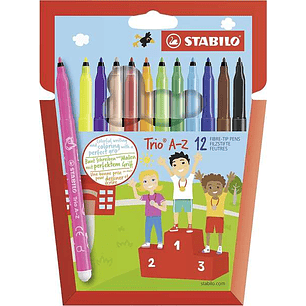 Stabilo Trio A-Z Pack con 12 Rotuladores de Punta Fina de Fibra - Trazo 0.7mm - Tinta Super Lavable - Forma Triangular - Colores Surtidos