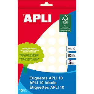 Apli Pack de 540 Etiquetas Redondas Ø 16mm - 10 Hojas por 54 Etiquetas - Adhesivo Permanente - Color Blanco