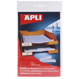 Apli Bolsillos Adhesivos para Etiquetas - Tamaño 25x75mm - Cambia la Informacion de la Etiqueta Segun tus Necesidades - Contiene 12 Bolsillos por Bols