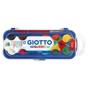 Giotto Estuche de 12 Acuarelas de 30mm + Pincel - Colores Brillantes, Intensos y Vivos - Muy Cubrientes - Colores Surtidos