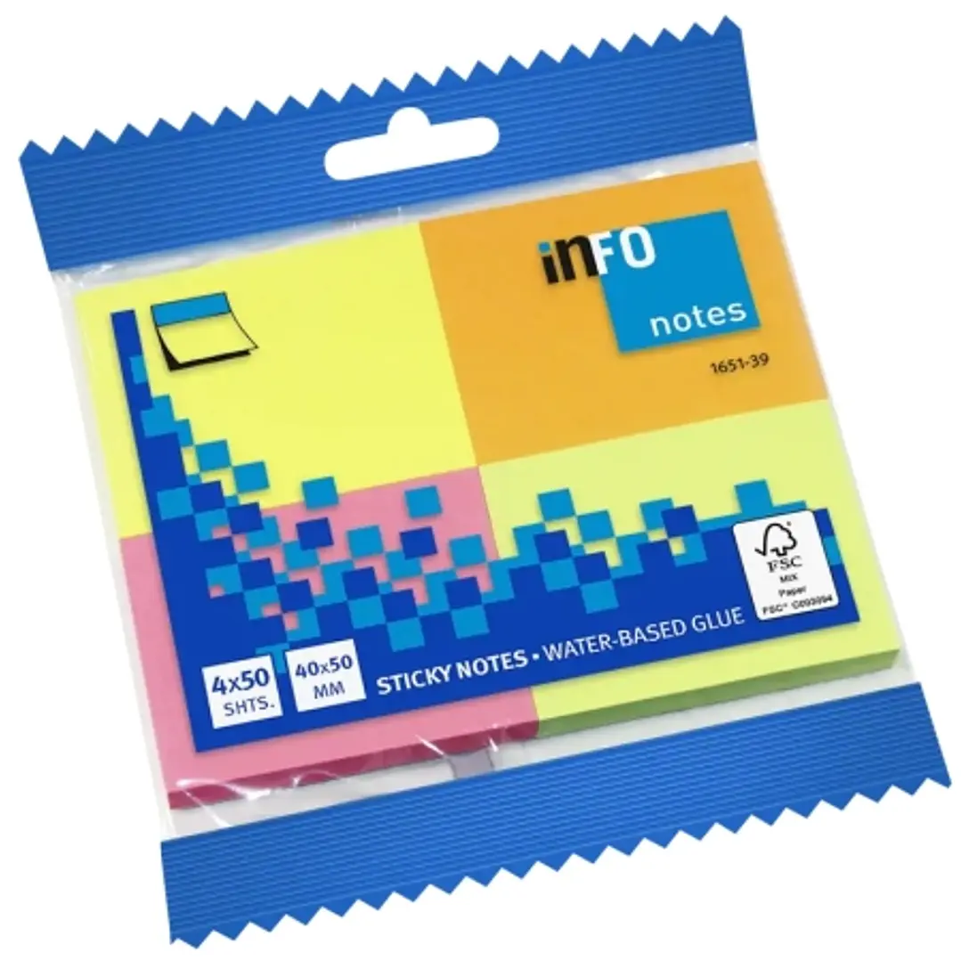 Global Notes inFO Brillant Pack de 4 Blocs de 50 Notas Adhesivas 50 x 40mm - Certificacion FSC - Colores Amarillo, Naranja, Rosa y Verde 1