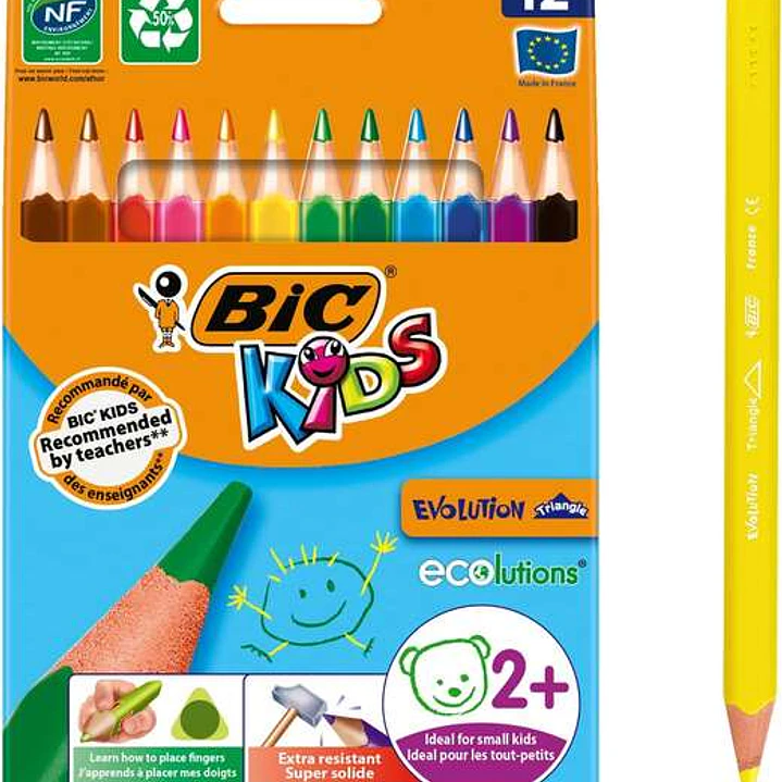 Bic Kids Evolution Triangle Pack de 12 Lapices de Colores Triangulares - Punta Ultraresistente - Sin Madera 1