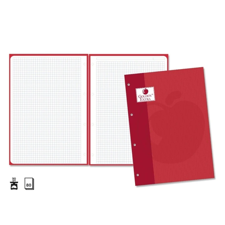 Golden Extra Recambio de 80 Hojas 90gr Cuadricula 4x4 - Formato A4 - 4 Taladros y Banda de Color Rojo 1