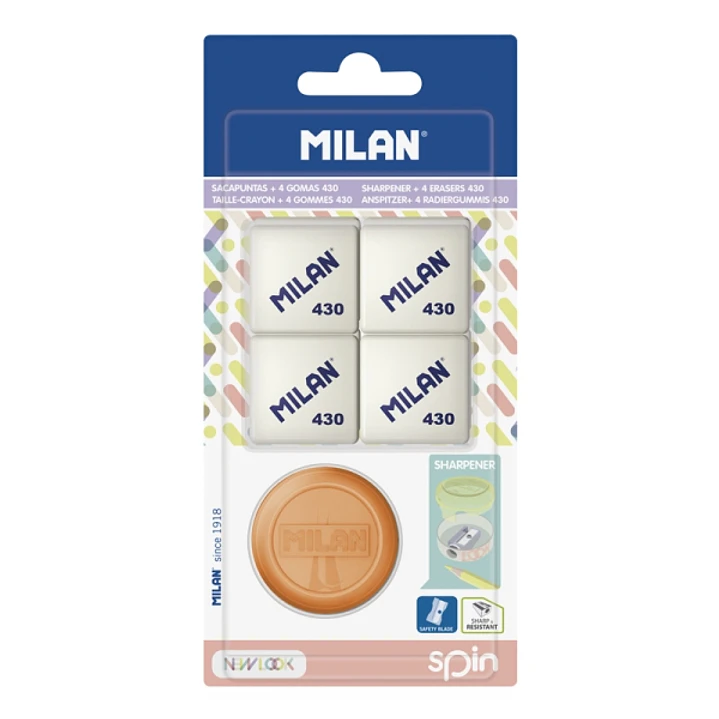 Milan Spin New Look Pack de Sacapuntas + 4 Gomas 430 - Colores Surtidos 1