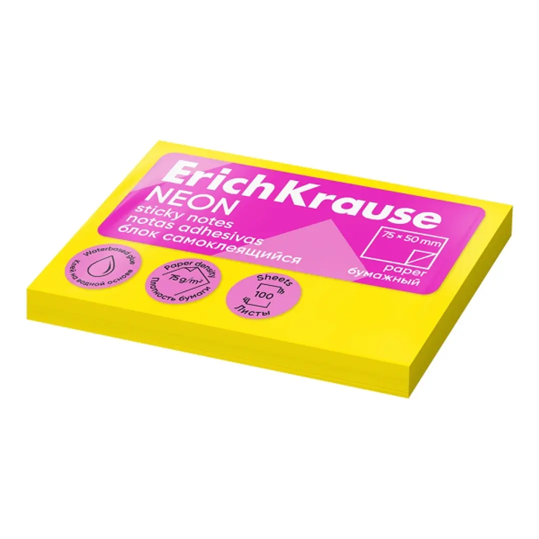 ErichKrause Bloc de 100 Notas Adhesivas 50x75mm - Removibles - Color Amarillo Neon 1