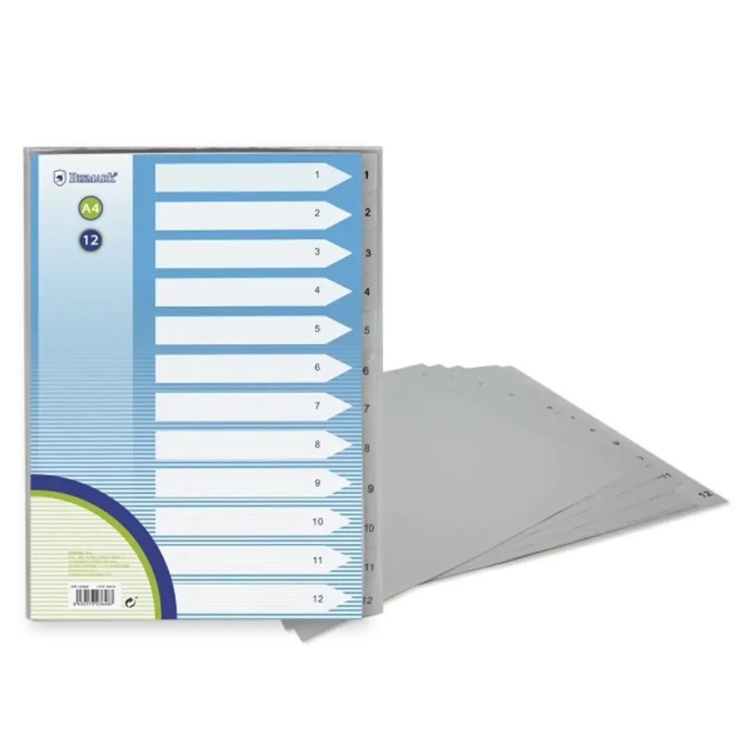 Bismark Indice Numerico con Pestañas del 1 al 12 - Multitaladro - Formato A4 - Fabricados en Polipropileno - Color Gris 1