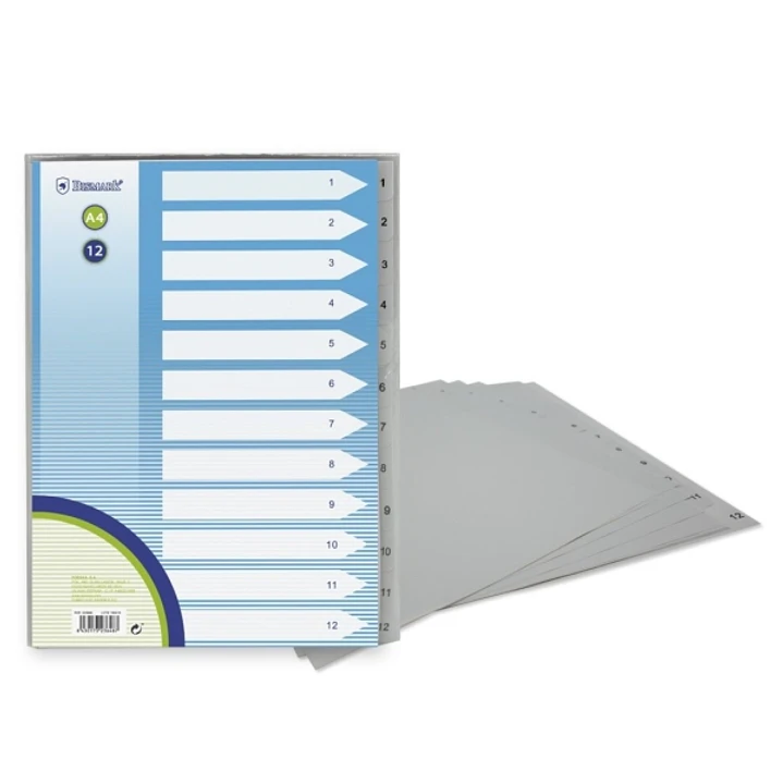 Bismark Indice Numerico con Pestañas del 1 al 12 - Multitaladro - Formato A4 - Fabricados en Polipropileno - Color Gris 1