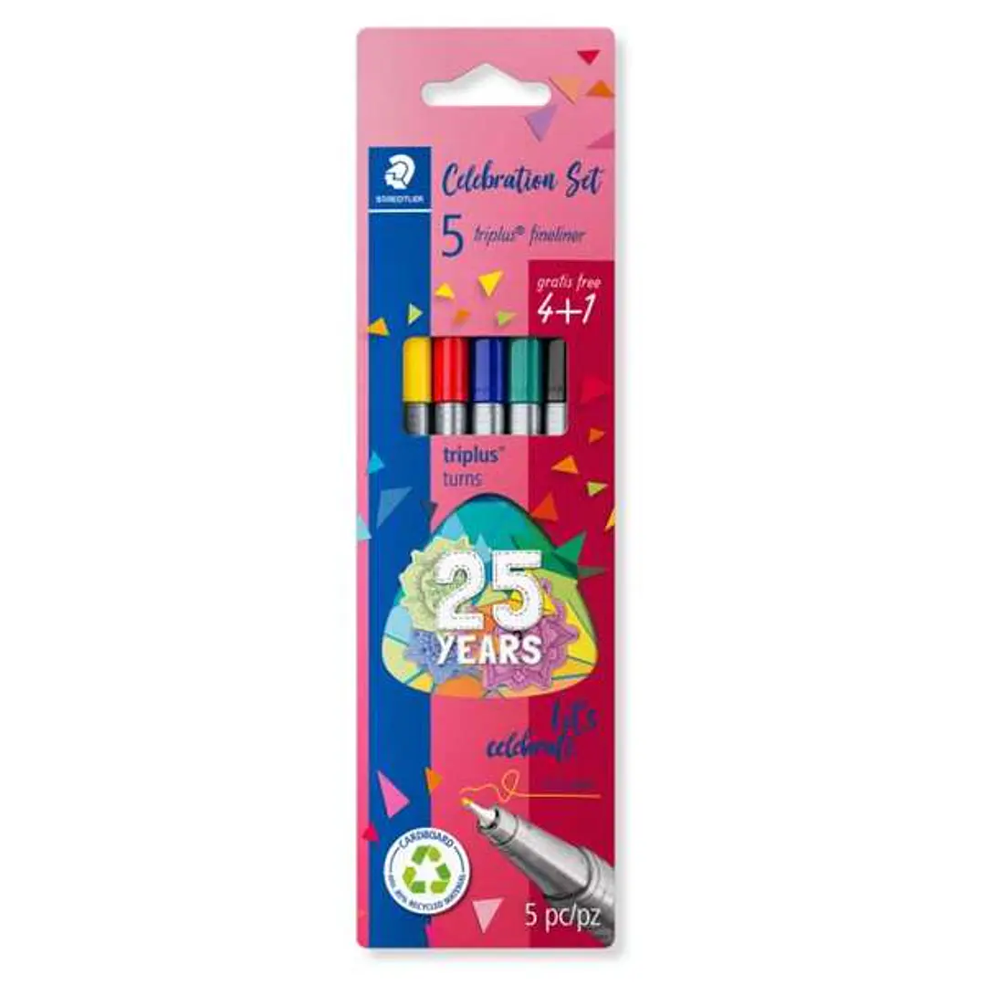Staedtler Triplus Fineliner 334 Pack de 5 Rotuladores de Punta Fina - Trazo 0.3mm Aprox - Tinta Base de Agua - Colores Surtidos 1