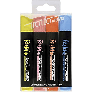 Tratto Video Pastel Pack de 4 Marcadores Fluorescentes - Punta Biselada - Tinta al Agua - Secado Rapido - Colores Surtidos