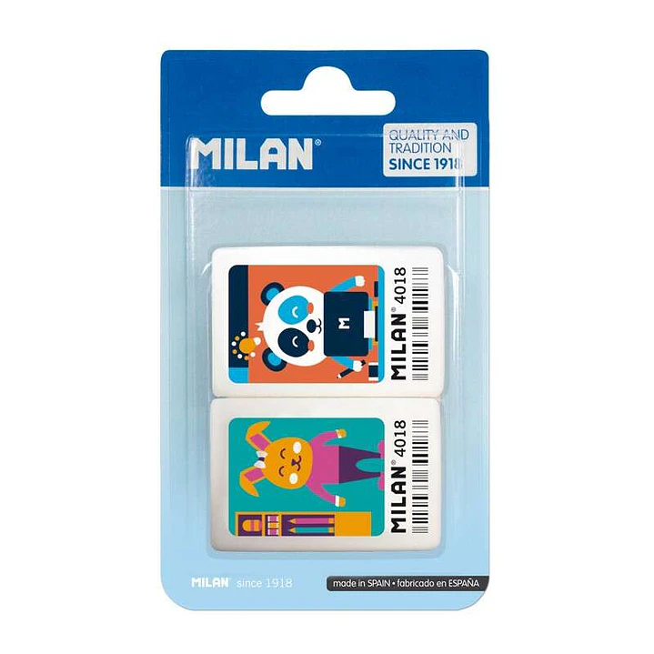 Milan 4018 Pack de 2 Gomas de Borrar Rectangulares - Miga de Pan - Caucho Suave Sintetico - Dibujos Infantiles a Color 1