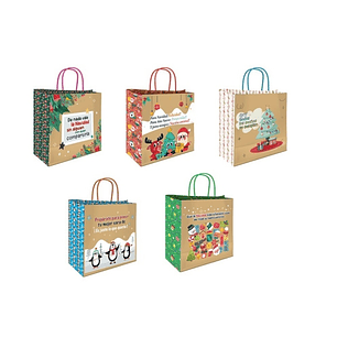 Bismark Bolsa de Papel Kraft con Mensajes Navideños - Medidas 26x8x24cm - 5 Diseños Diferentes