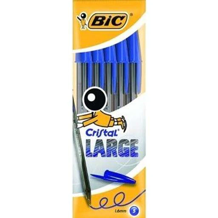 Bic Cristal Large Pack de 5 Boligrafos de Bola - Punta Redonda de 1.6mm - Trazo 0.6mm - Tinta con Base de Aceite - Color Azul 1