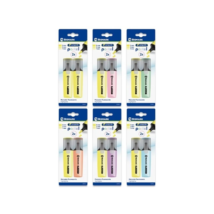 Bismark Long-Life Pack de 2 Marcadores Fluorescentes- Tinta de Secado Rapido - Punta Biselada - Ideal para Subrayar y Resaltar - Diseño Ergonomico - A 1