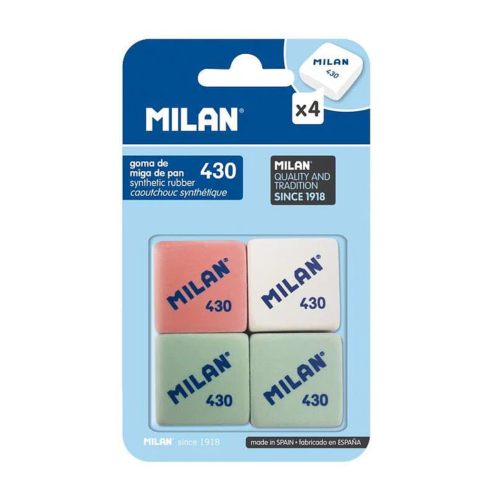 Milan 430 Pack de 4 Gomas de Borrar Cuadradas - Miga de Pan - Suave Caucho Sintetico - Colores Surtidos 1