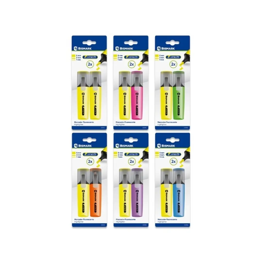 Bismark Long-Life Pack de 2 Marcadores Fluorescentes- Tinta de Secado Rapido - Punta Biselada - Ideal para Subrayar y Resaltar - Diseño Ergonomico - A 1