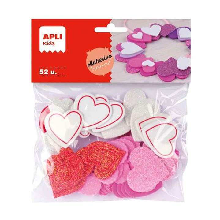 Apli Pack de 52 Corazones Adhesivos de Goma Eva con Acabado Purpurina - Medidas y Diseños Surtidos - Material Suave y Seguro - Colores Surtidos 1