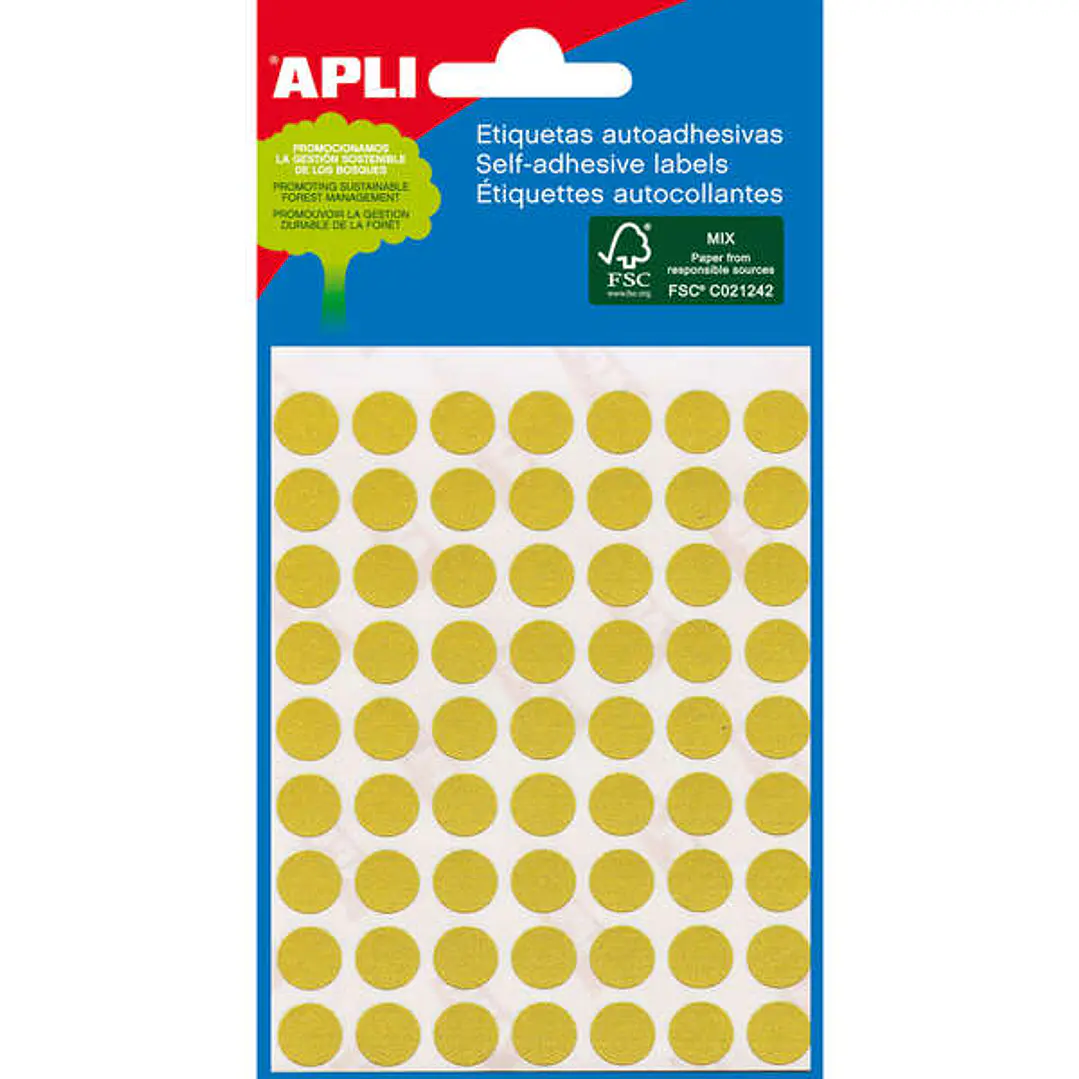 Apli Minibolsa de 288 Etiquetas Redondas Ø 8mm - 3 Hojas por 96 Etiquetas - Adhesivo Permanente - Color Amarillo 1