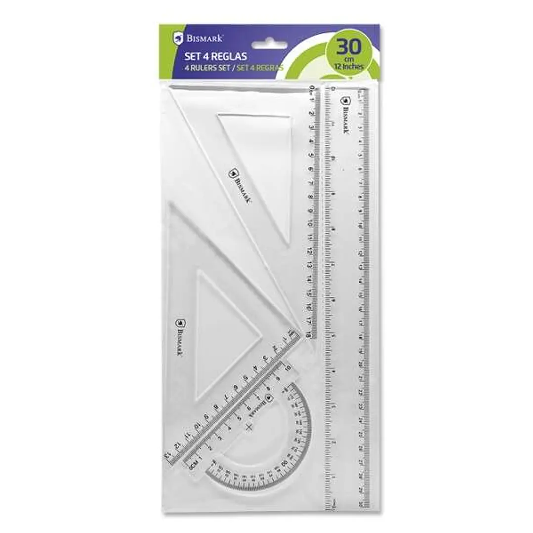 Bismark Pack de Reglas para el Colegio - Incluye Regla de 30cm - Escuadra de 12,5cm - Cartabon de 17.5cm - Transportador de 10cm - Presentacion en Bol 1
