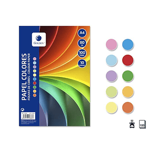 Golden Pack con 100 Hojas de Papel de Colores A4 80gr - 10 Hojas por Color - Colores Surtidos