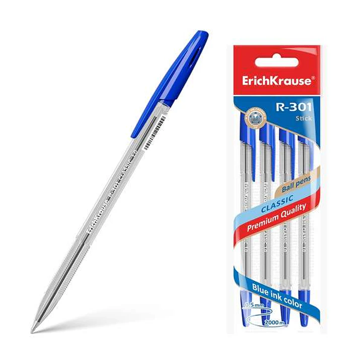 Erichkrause Pack de 4 Boligrafos R-301 Classic Stick 1.0 - Cuerpo Transparente Hexagonal - Punta de 1.0mm - Tinta de Secado Rapido - Color Azul 1