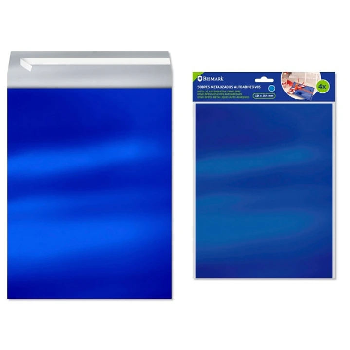 Bismark Pack de 4 Sobres Metalizados - Medidas 324x254mm - Cierre Autoadhesivo - Ideal para Regalos - Color Azul Metalizado 1