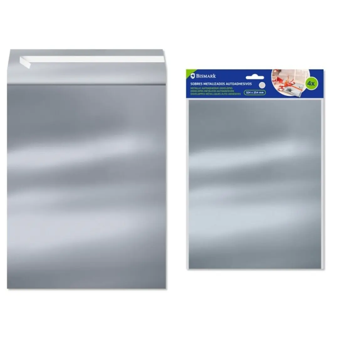 Bismark Pack de 4 Sobres Metalizados - Medidas 324x254mm - Cierre Autoadhesivo - Ideal para Regalos - Color Plata 1