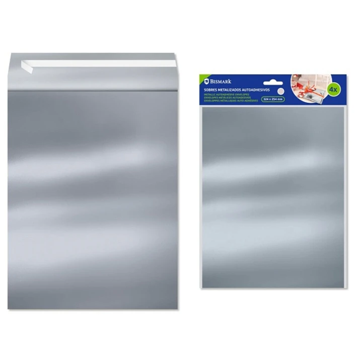 Bismark Pack de 4 Sobres Metalizados - Medidas 324x254mm - Cierre Autoadhesivo - Ideal para Regalos - Color Plata 1