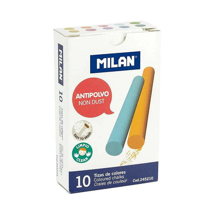 Milan Pack de 10 Tizas de Colores - Redondas - Antipolvo - No Contienen Caseina ni Yeso - Colores Surtidos 1
