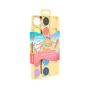 Jovi Kawaii Pack de 12 Acuarelas en Pastilla 22mm + Pincel - Facilmente Mezclables - Colores Kawaii Surtidos