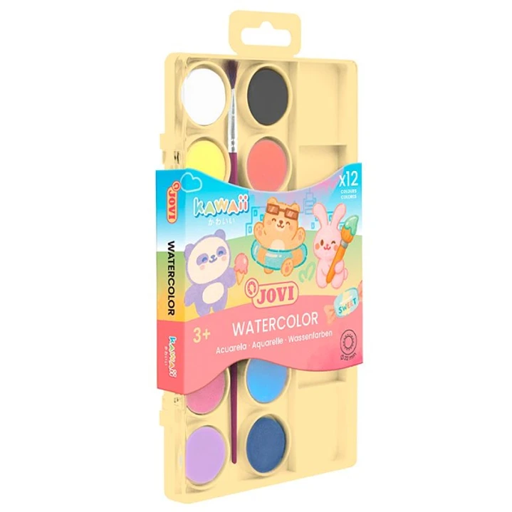 Jovi Kawaii Pack de 12 Acuarelas en Pastilla 22mm + Pincel - Facilmente Mezclables - Colores Kawaii Surtidos 1