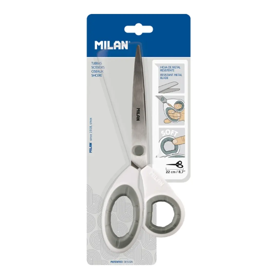 Milan Tijeras de Oficina de 22cm - Mango Ergonomico - Hoja de Acero Inoxidable - Color Blanco 1