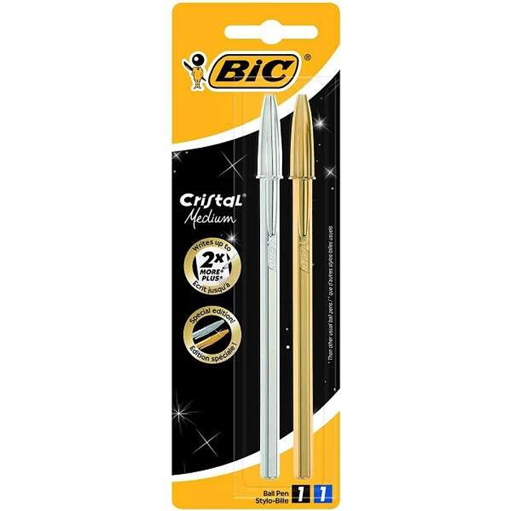 Bic Cristal Shine Pack de 2 Boligrafos de Bola - Punta Media de 1.0mm - Tinta con Base de Aceite - Cuerpo Plateado y Dorado - Color Azul y Negro 1