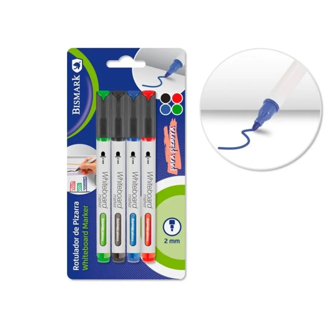 Bismark Pack de 4 Rotuladores para Pizarra Blanca - Punta Redonda 2mm - Colores Surtidos 1