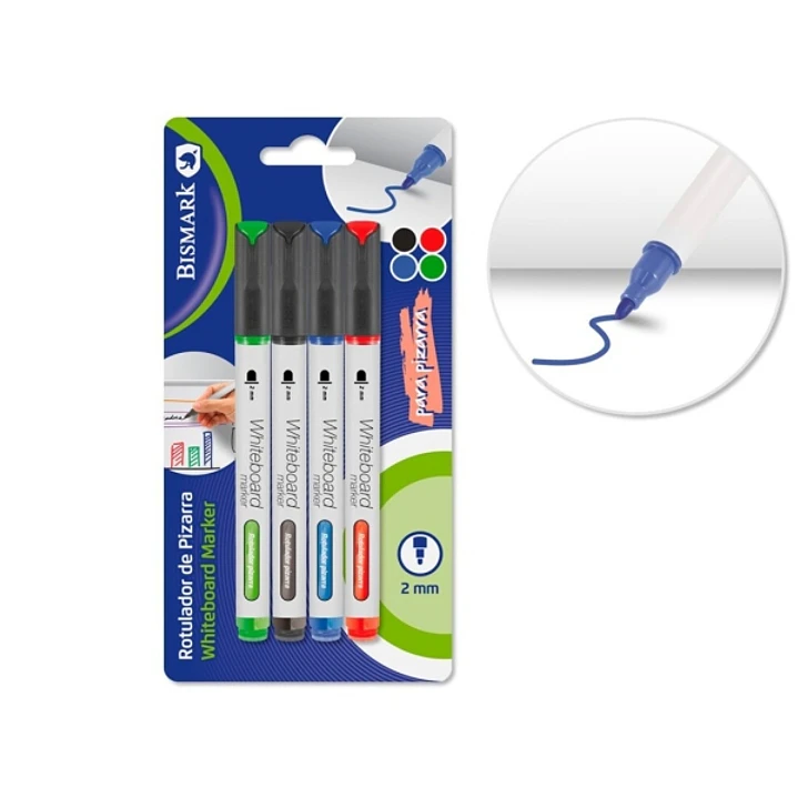 Bismark Pack de 4 Rotuladores para Pizarra Blanca - Punta Redonda 2mm - Colores Surtidos 1