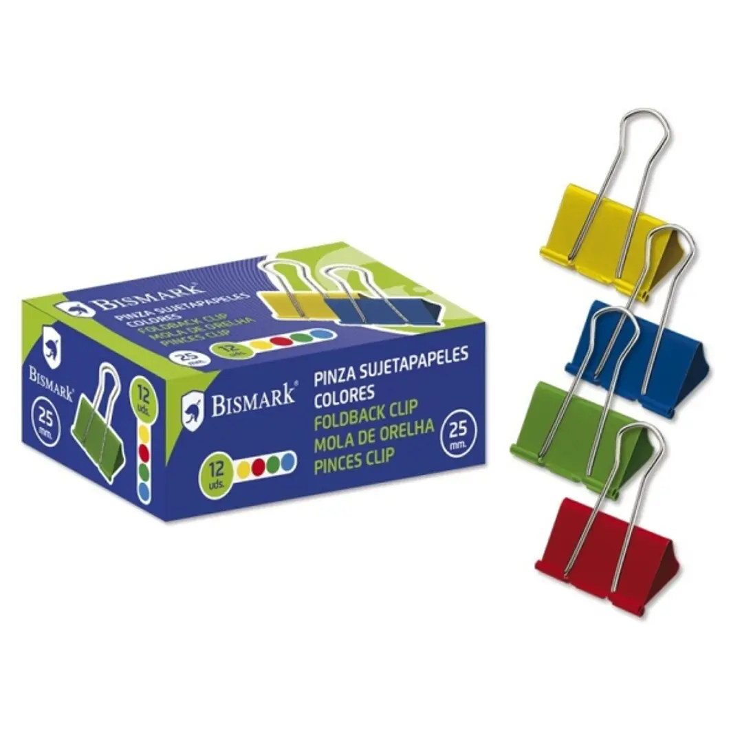 Bismark Pack de 12 Pinzas Sujetapapeles Metalicas de 25mm - Pala Abatible - Colores Surtidos 1