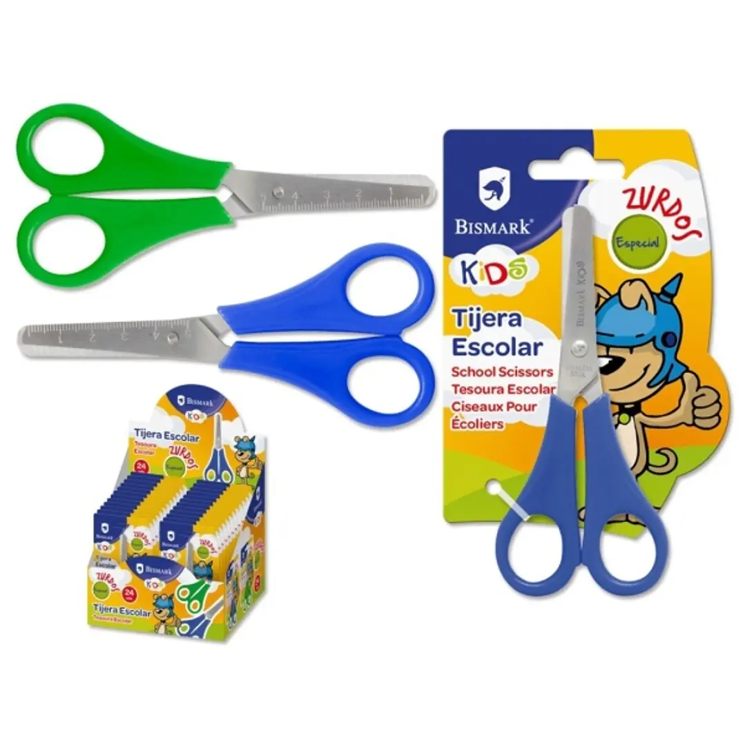 Bismark Kids Tijera Escolar para Zurdos - Mangos en Plastico - Punta Roma - Colores Azul y Verde 1