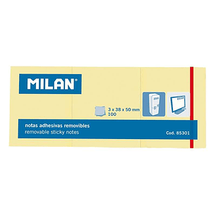 Milan Pack de 3 Blocs de 100 Notas Adhesivas Removibles - Tamaño 38x50mm - Color Amarillo Claro