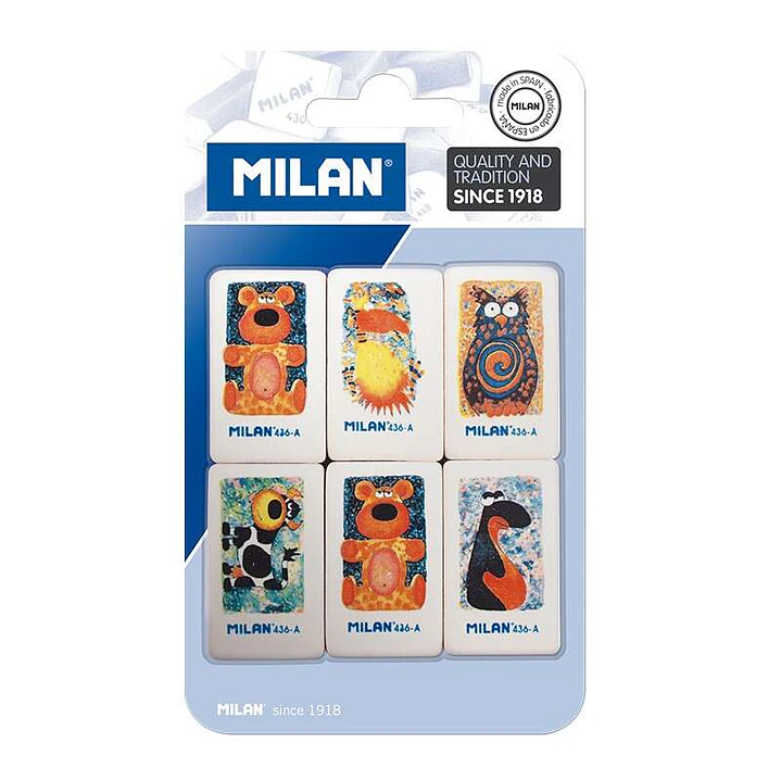 Milan 436A Pack de 6 Gomas de Borrar Rectangulares - Miga de Pan - Caucho Suave Sintetico - Dibujos Infantiles Surtidos - Color Blanco 1