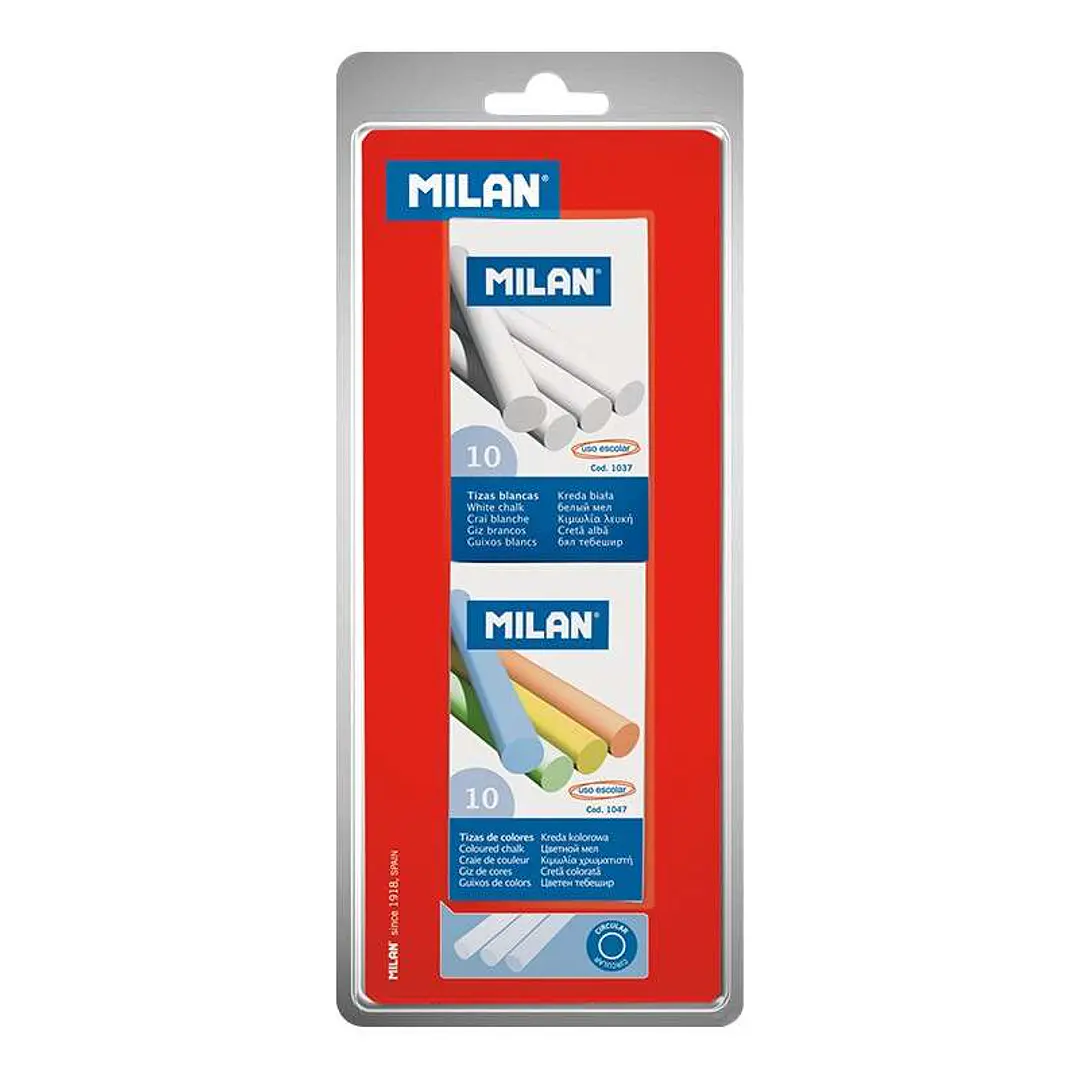 Milan Pack de 2 Cajas de 10 Tizas, 1xCaja Tizas Blancas, 1x Caja Tizas Colores - Redondas - No Contienen Caseina - Colores Surtidos 1