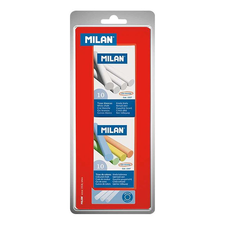 Milan Pack de 2 Cajas de 10 Tizas, 1xCaja Tizas Blancas, 1x Caja Tizas Colores - Redondas - No Contienen Caseina - Colores Surtidos 1