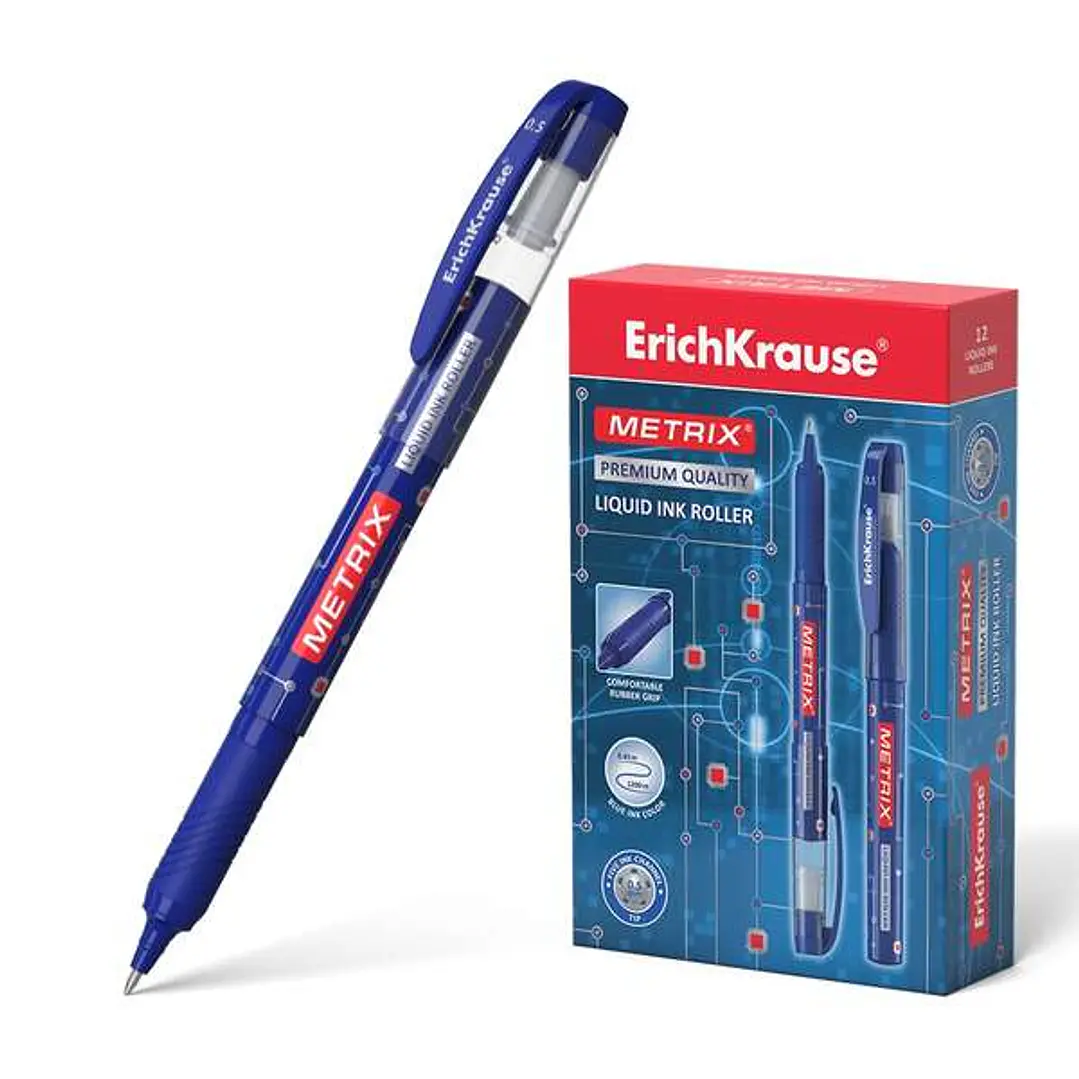 Erichkrause Metrix Boligrafo Tinta Gel - Punta 0.5mm - Agarre de Goma - Capuchon con Clip - Secado Rapido - Color Azul 1