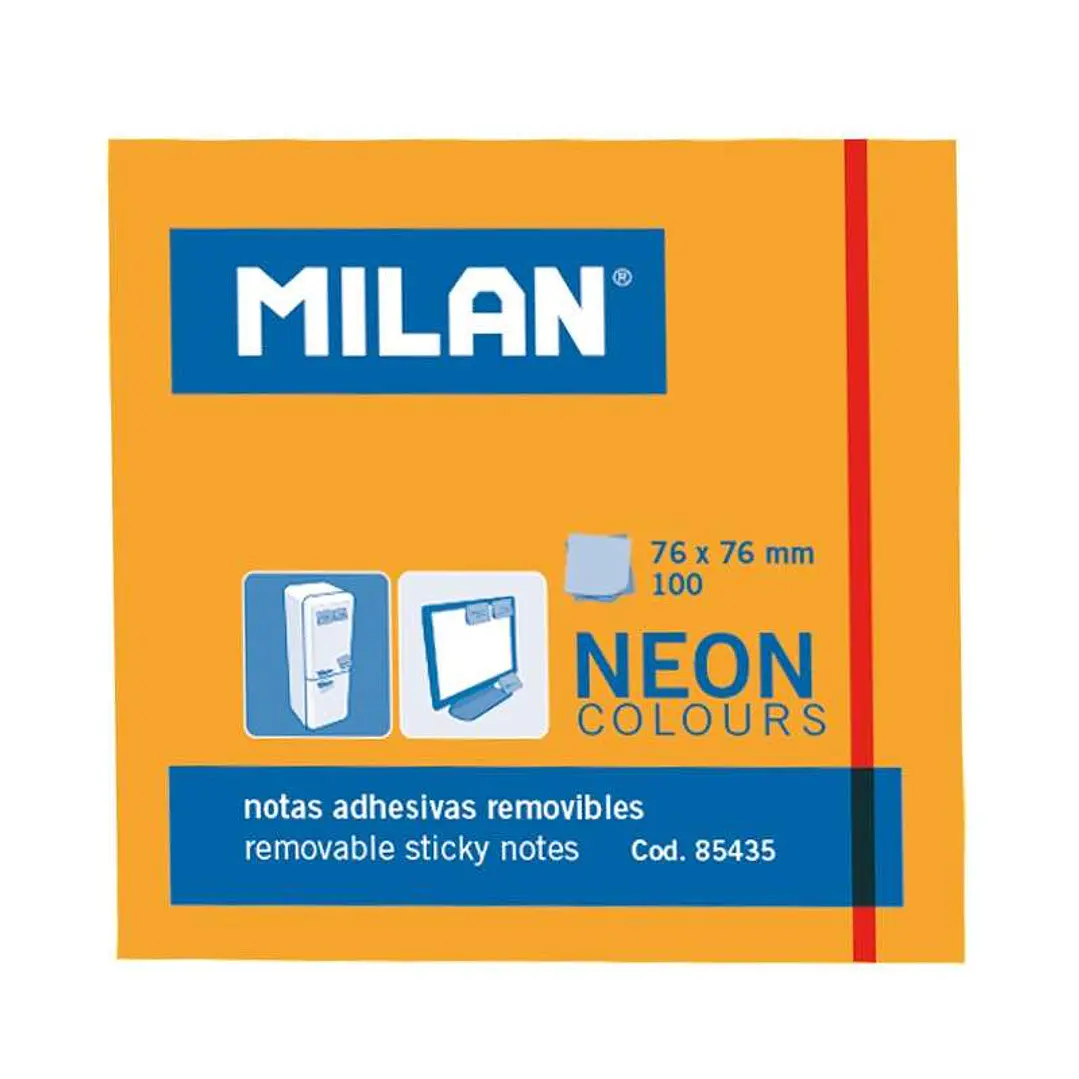 Milan Bloc de 100 Notas Adhesivas - Removibles - 76mm x 76mm - Color Naranja Neon 1