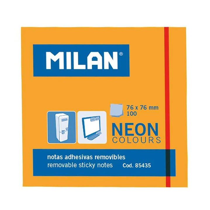 Milan Bloc de 100 Notas Adhesivas - Removibles - 76mm x 76mm - Color Naranja Neon 1